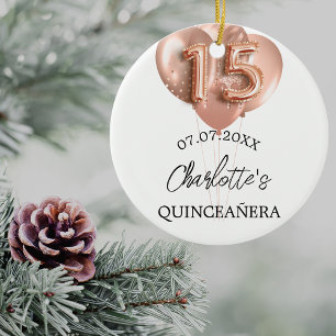 Quinceanera guld-ballonger vit ros namn julgransprydnad keramik