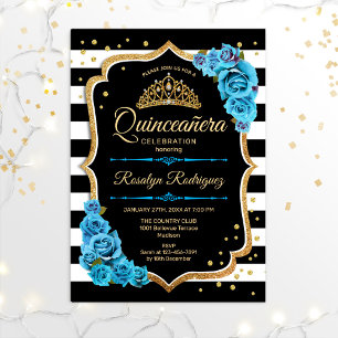 Quinceanera - Guld Black Blue Inbjudningar
