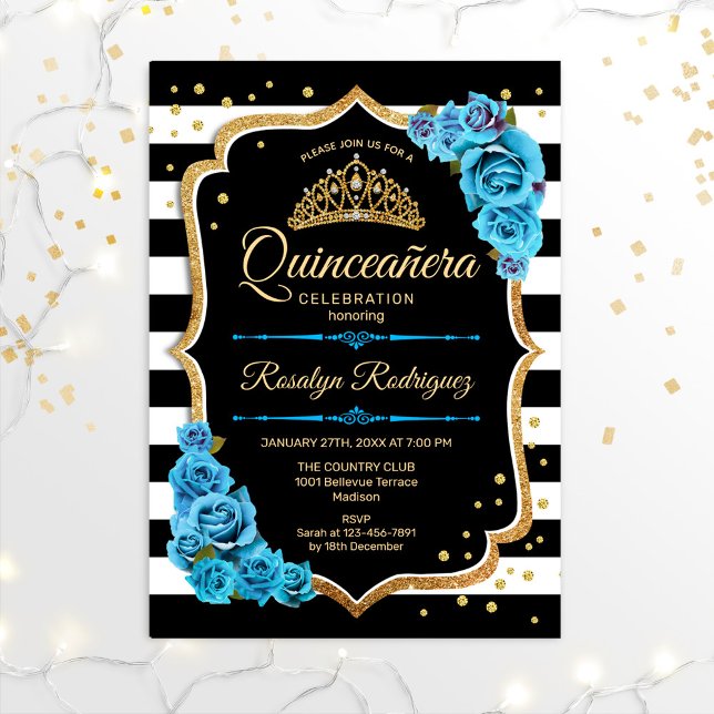 Quinceanera - Guld Black Blue Inbjudningar (Skapare uppladdad)