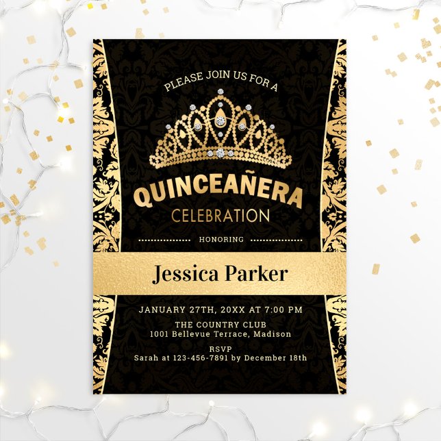 Quinceanera Guld Black Elegant Inbjudningar (Skapare uppladdad)