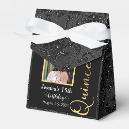 Quinceanera Guld Black Photo Glitter Favor Box Presentaskar