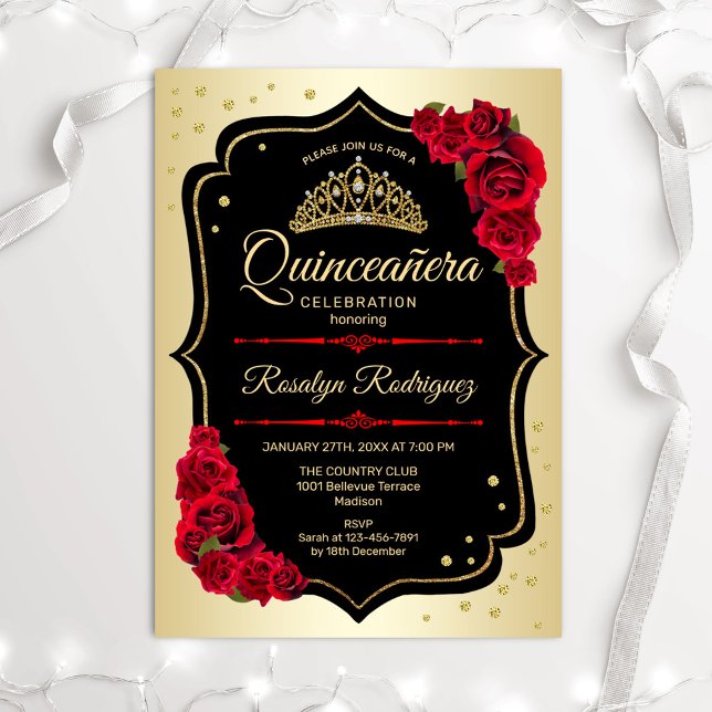 Quinceanera - Guld Black Red Inbjudningar (Skapare uppladdad)
