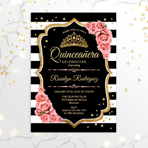 Quinceanera - Guld Black  Rosa Inbjudningar