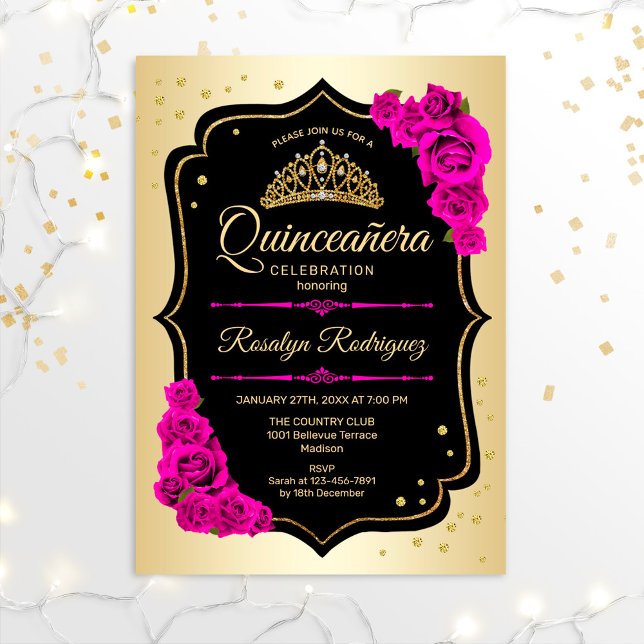 Quinceanera - Guld Black Rosa Inbjudningar (Skapare uppladdad)