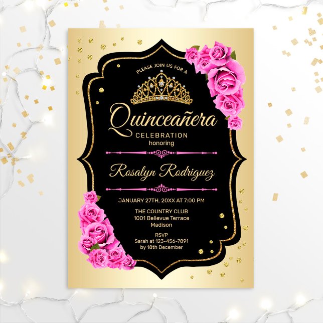 Quinceanera - Guld Black Rosa Inbjudningar (Skapare uppladdad)