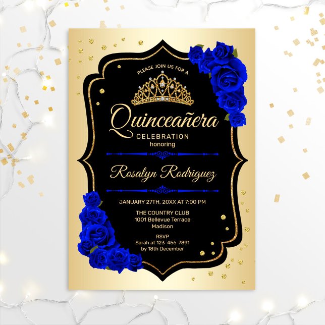 Quinceanera - Guld Black Royal Blue Inbjudningar (Skapare uppladdad)