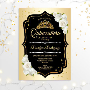 Quinceanera - Guld Black White Inbjudningar