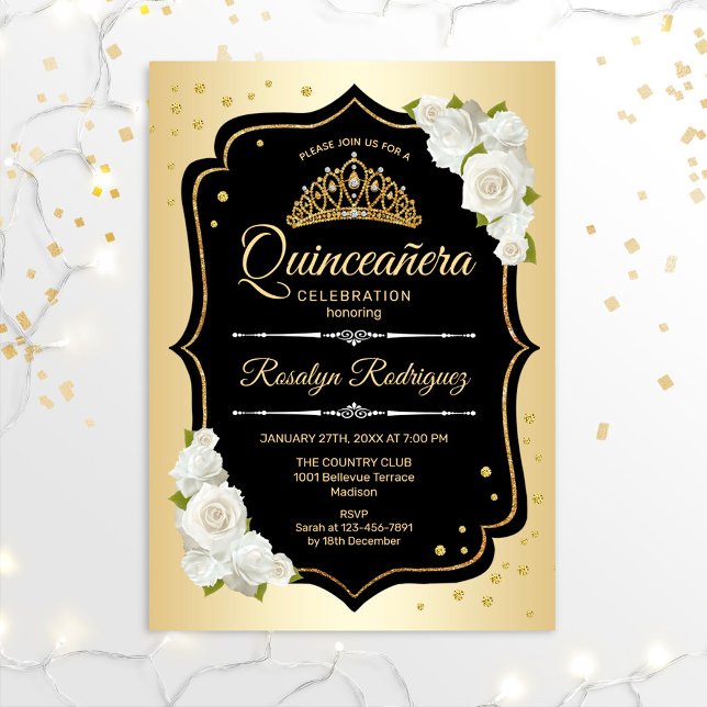 Quinceanera - Guld Black White Inbjudningar (Skapare uppladdad)