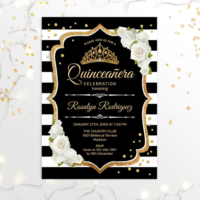 Quinceanera - Guld Black White Inbjudningar (Skapare uppladdad)