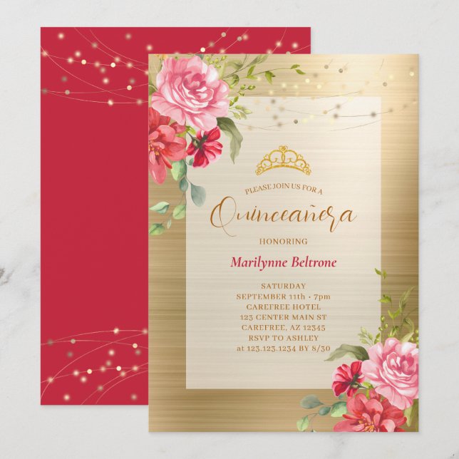 Quinceañera Guld Blommig Kron Inbjudan (Fram/baksida)