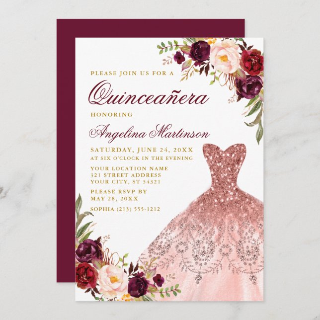 Quinceanera Guld Burgundy Blommigt Glitter Dress Inbjudningar (Fram/baksida)
