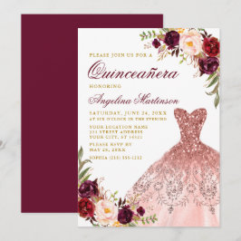 Quinceanera Guld Burgundy Blommigt Glitter Dress Inbjudningar