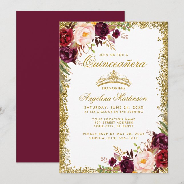 Quinceanera Guld Burgundy Blommigt Krona Inbjudan  (Fram/baksida)