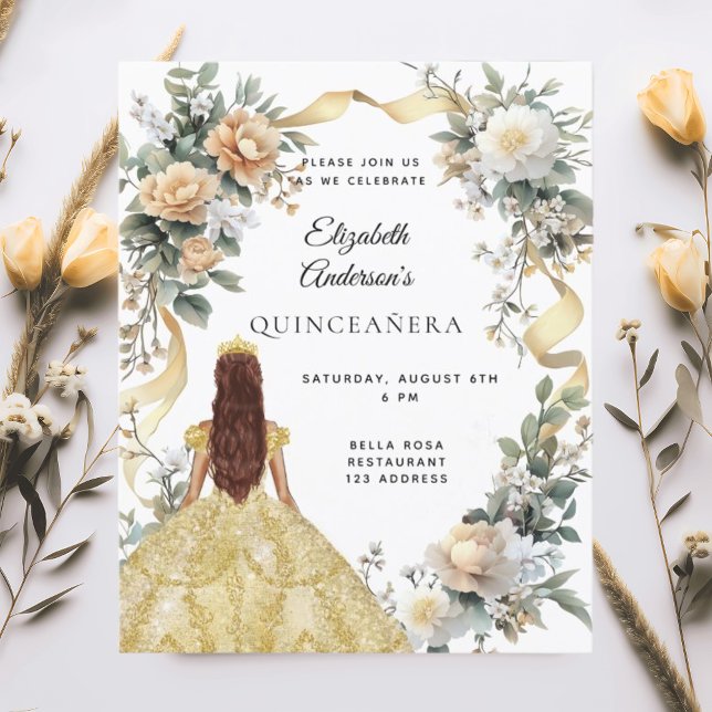 Quinceanera guld dress blommigts Greenery Kallelse (Skapare uppladdad)