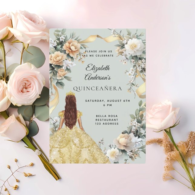 Quinceanera guld dress blommigts sage grönt inbjudningar (Skapare uppladdad)