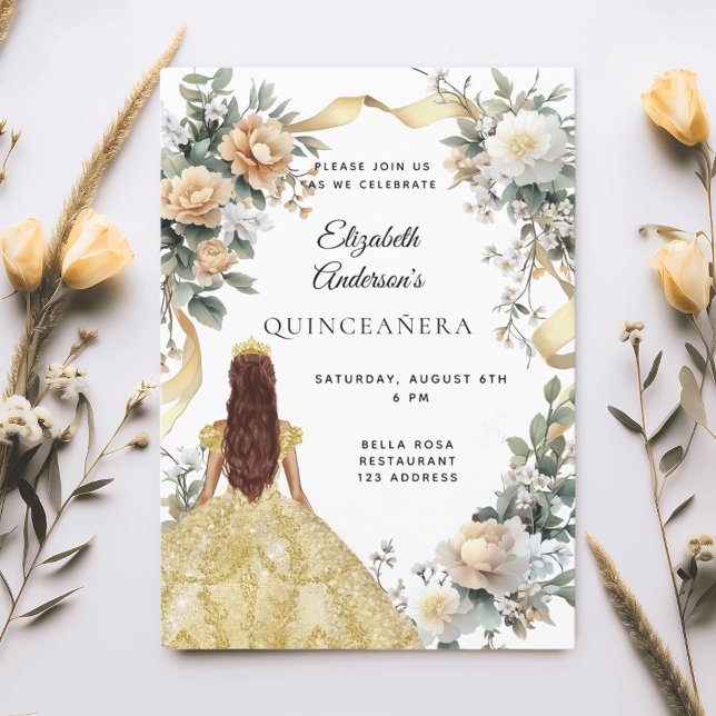 Quinceanera guld dress blommigts sage grönt inbjudningar (Skapare uppladdad)