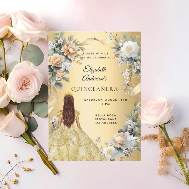 Quinceanera guld dress gult blommigts inbjudningar (Skapare uppladdad)