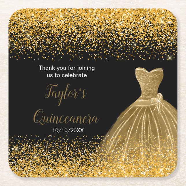 Quinceanera Guld Faux Glitter Underlägg Papper Kvadrat (Framsidan)