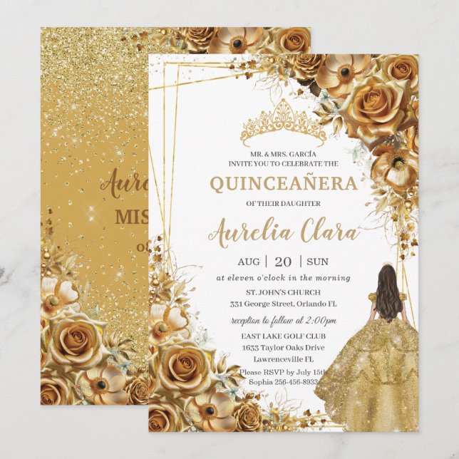 Quinceañera Guld Flowers Blommigt Princess Dress Inbjudningar (Fram/baksida)