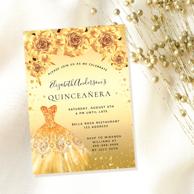 Quinceanera guld glitter är blommigt glamous inbjudningar (Skapare uppladdad)