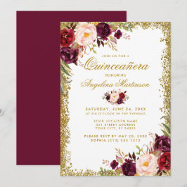 Quinceanera Guld Glitter Burgundy Blommigt Inbjuda Inbjudningar
