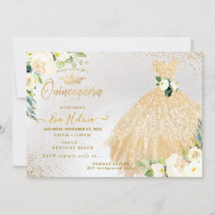 Quinceañera, Guld Glitter Gown Cream Ro Inbjudningar