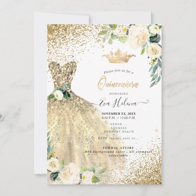 Quinceañera, Guld Glitter Gown Cream Ro Inbjudningar (Baksida)