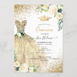 Quinceañera, Guld Glitter Gown Cream Ro Inbjudningar