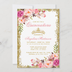 Quinceanera Guld Glitter Krona Rosa Blommigt Inbjudningar
