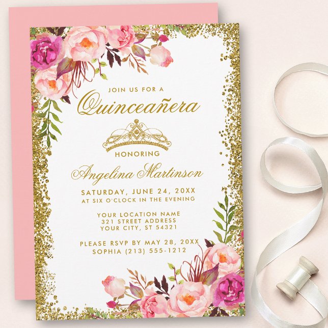 Quinceanera Guld Glitter Krona Rosa Blommigt Inbjudningar (Customize to change text color, style, add text & photos to back or change color of back of card.)