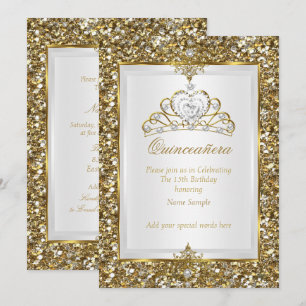 Quinceanera Guld Glitter Vit Pärla Tiara 2 Inbjudningar