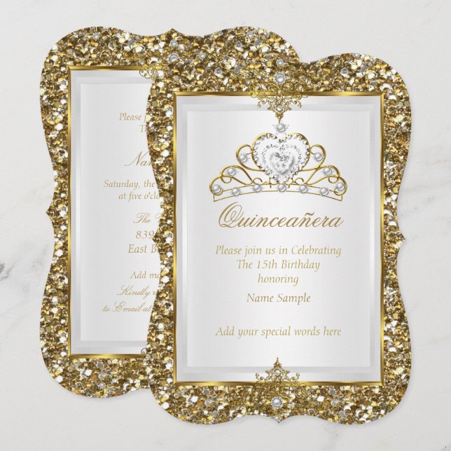 Quinceanera Guld Glitter Vit Pärla Tiara 2 Inbjudningar (Fram/baksida)