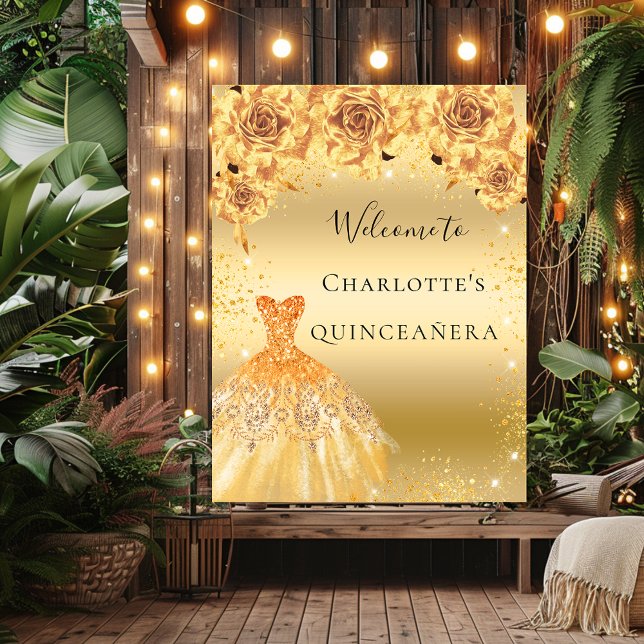 Quinceanera guld glitterklänning blommor välkommen poster (Skapare uppladdad)