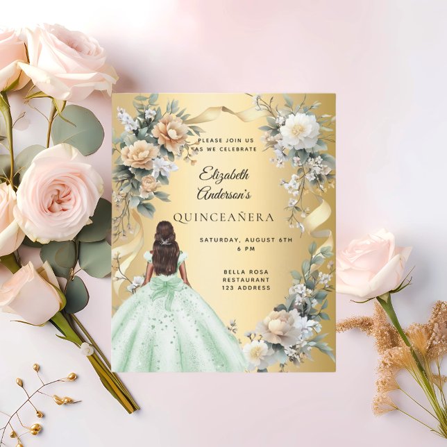 Quinceanera guld grönt-inbjudan till blommigtar fö (Skapare uppladdad)