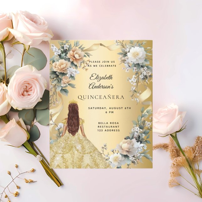 Quinceanera guld gult blommigt-inbjudan (Skapare uppladdad)