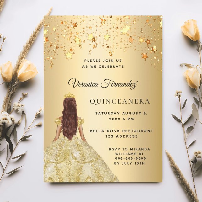 Quinceanera guld-klänningsstjärnor inbjudningar (Skapare uppladdad)