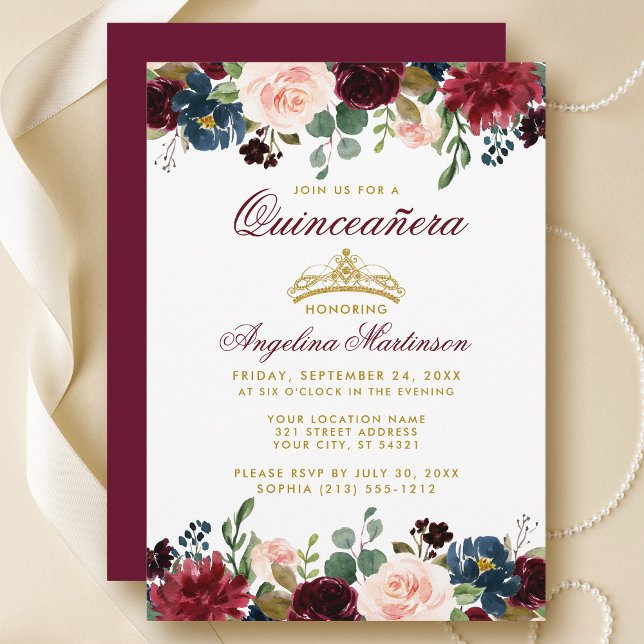 Quinceanera Guld Krona Burgundy Blue Blommigt Inbj Inbjudningar (Customize to change text color, style, add text & photos to back or change color of back of card.)