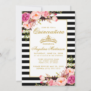 Quinceanera Guld Krona Rosa Blommigt Rand Inbjudningar