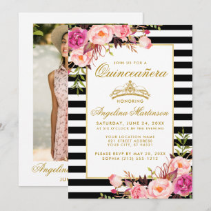 Quinceanera Guld Krona Rosa Blommigt Rand Photo Inbjudningar