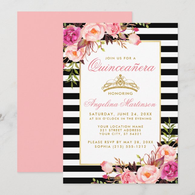 Quinceanera Guld Krona Stripe Rosa Blommigt Inbjudningar (Fram/baksida)