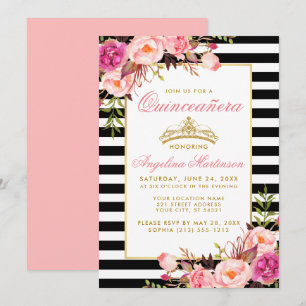 Quinceanera Guld Krona Stripe Rosa Blommigt Inbjudningar