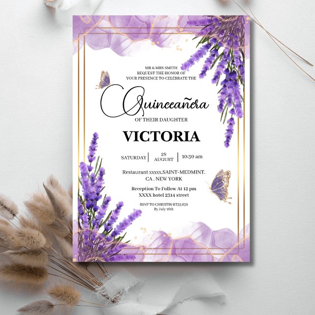 Quinceañera guld Lila lavender Blommigt Butterfly Inbjudningar (Skapare uppladdad)