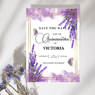 Quinceañera guld Lila lavender Blommigt Butterfly Spara Datumet
