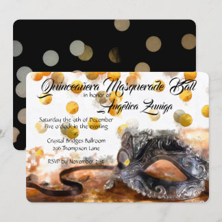 Quinceañera Guld och Black Confetti maskerad Inbjudningar