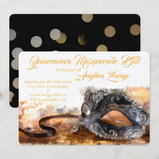 Quinceañera Guld och Black maskmaskerad Watercolor Inbjudningar