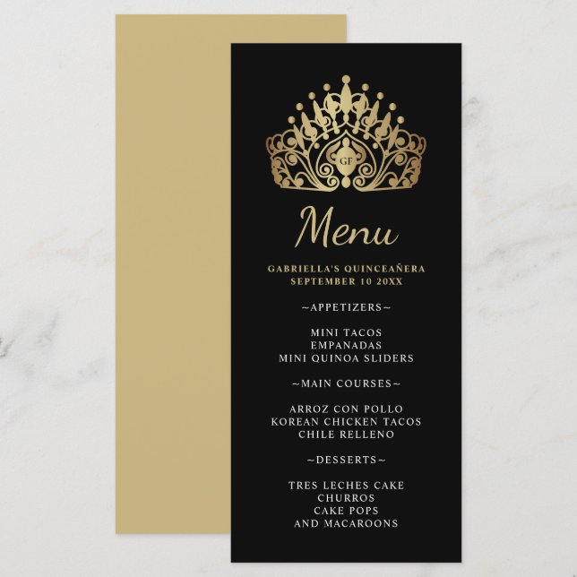Quinceanera Guld och Black Princess Tiara Krona Meny (Fram/baksida)