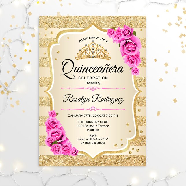 Quinceanera - Guld Pastel Rosa Inbjudningar (Skapare uppladdad)