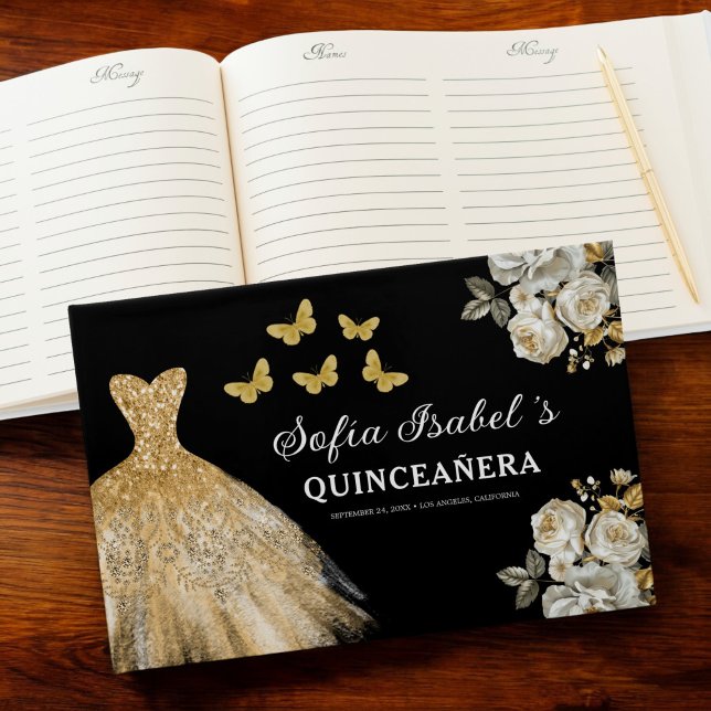 Quinceañera Guld Princess Blommigt Butterflies Gästböcker (Skapare uppladdad)