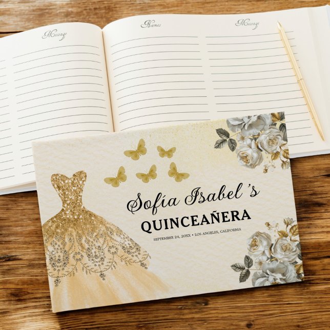 Quinceañera Guld Princess Blommigt Butterflies Gästböcker (Skapare uppladdad)