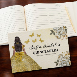 Quinceañera Guld Princess Blommigt Butterflies Gästböcker